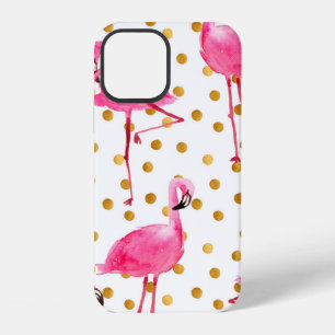 Watercolor roze flamingo's met gouden stippen naad iPhone 12 hoesje