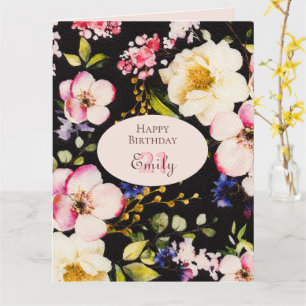 Watercolor Roze & Gele Rozen op Zwart, Verjaardag Kaart