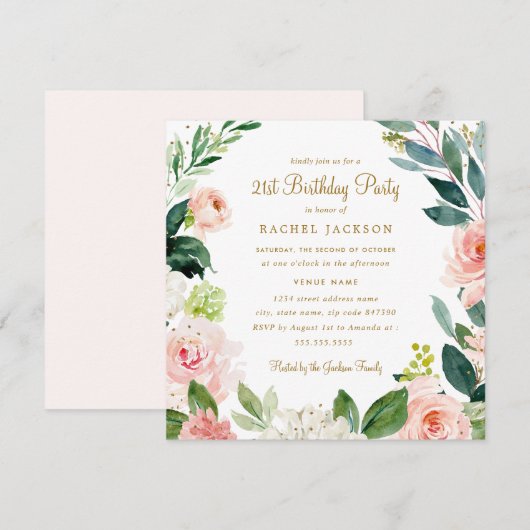Watercolor Roze Gouden Bloemen 21e Verjaardagsuitn Kaart (Voorkant / Achterkant)
