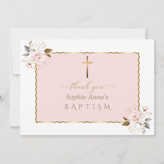 Watercolor Roze Gouden Bloemen Meisje Doop Bedankkaart (Voorkant)