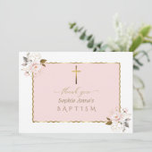 Watercolor Roze Gouden Bloemen Meisje Doop Bedankkaart (Staand voorkant)