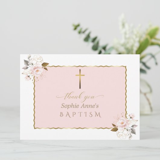 Watercolor Roze Gouden Bloemen Meisje Doop Bedankkaart (Staand voorkant)