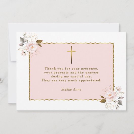 Watercolor Roze Gouden Bloemen Meisje Doop Bedankkaart (Achterkant)