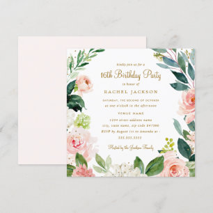 Watercolor Roze Gouden Bloemen Uitnodiging 16e Ver
