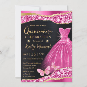 Watercolor Roze & Gouden Glitter Jurk Quinceanera Kaart