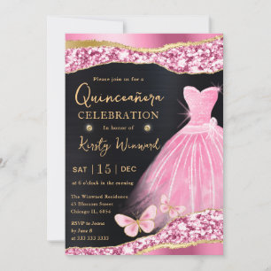 Watercolor Roze & Gouden Glitter Jurk Quinceanera Kaart