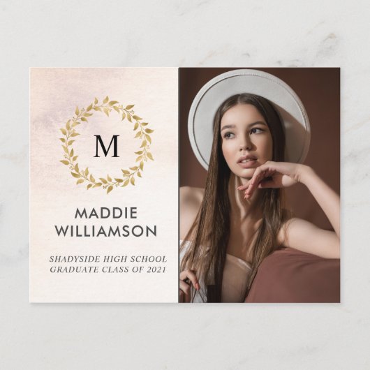 Watercolor Roze Gouden Lauwer Foto Grad Feestje Uitnodiging Briefkaart (Voorkant)