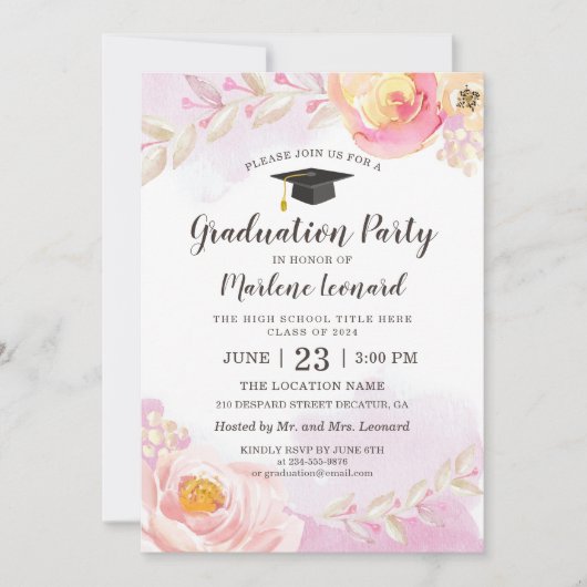 Watercolor Roze Gouden Rozen Tuin Afstudeerfeest Kaart (Voorkant)