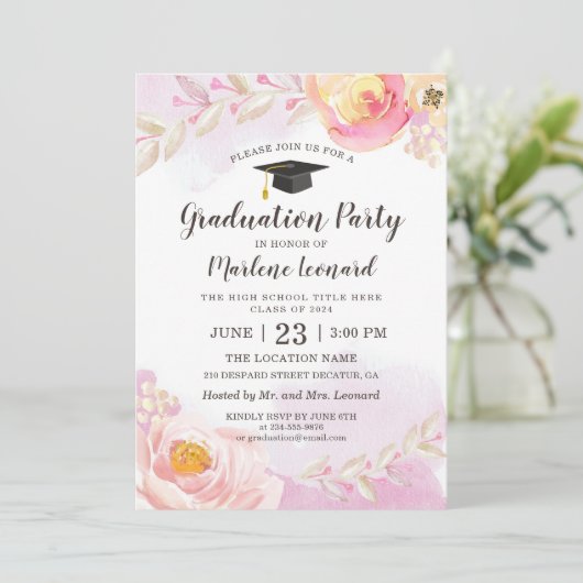 Watercolor Roze Gouden Rozen Tuin Afstudeerfeest Kaart (Staand voorkant)