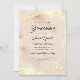 Watercolor Roze Gouden Vlinder Jurk Quinceanera Kaart