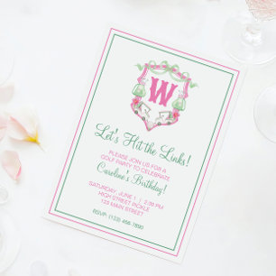 Watercolor Roze & Groen Golfkar Monogram Wapen Kaart
