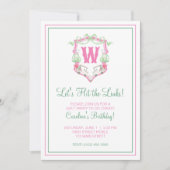 Watercolor Roze & Groen Golfkar Monogram Wapen Kaart (Voorkant)