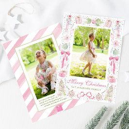Watercolor Roze & Groen Kerst Frame Foto Feestdagenkaart