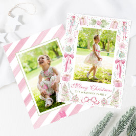 Watercolor Roze & Groen Kerst Frame Foto Feestdagenkaart