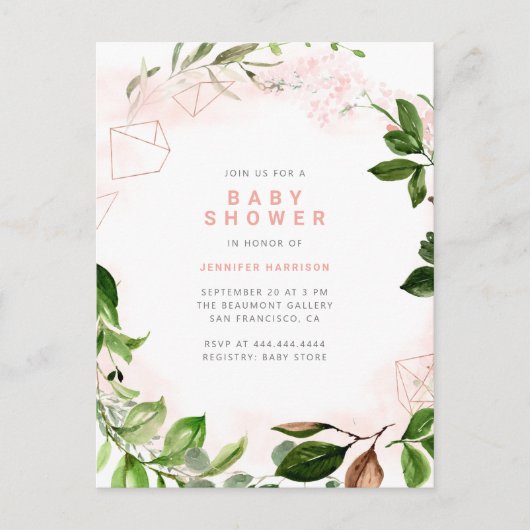 Watercolor Roze & Groene Baby Shower Uitnodiging Briefkaart (Voorkant)