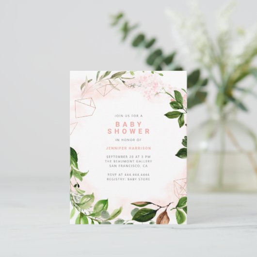 Watercolor Roze & Groene Baby Shower Uitnodiging Briefkaart (Staand voorkant)