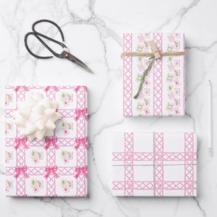 Watercolor Roze & Groene Strik Mahjong Inpakpapier Vel