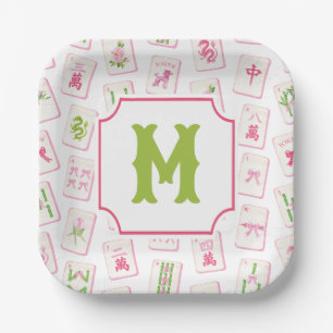 Watercolor Roze & Groene Strik Mahjong Tegels Init Papieren Bordje