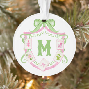 Watercolor Roze & Groene Strikende Mahjong Monogra Ornament