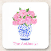 Watercolor Roze Hortensia Chinoiserie Naam Bier Onderzetter (Voorkant)