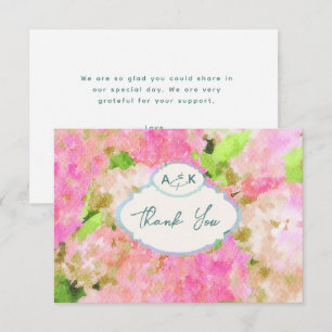 Watercolor Roze Hortensia Tuin Trouw Monogram Bedankkaart