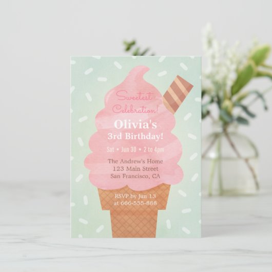 Watercolor Roze IJs Kids Verjaardagsfeest Kaart (Staand voorkant)