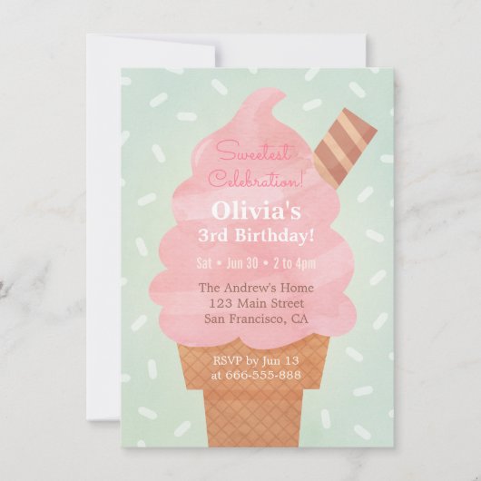 Watercolor Roze IJs Kids Verjaardagsfeest Kaart (Voorkant)