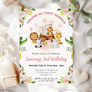 Watercolor Roze Jungle Dieren Kinderverjaardag Kaart