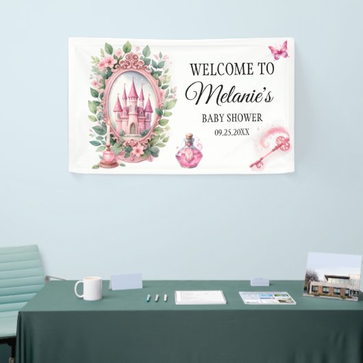 Watercolor Roze Kasteel Bloemenkrans Toverstaf Spandoek (Beurs)