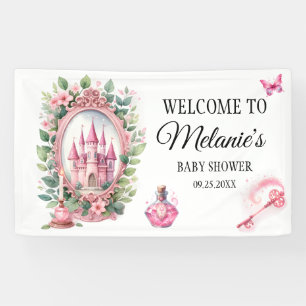 Watercolor Roze Kasteel Bloemenkrans Toverstaf Spandoek