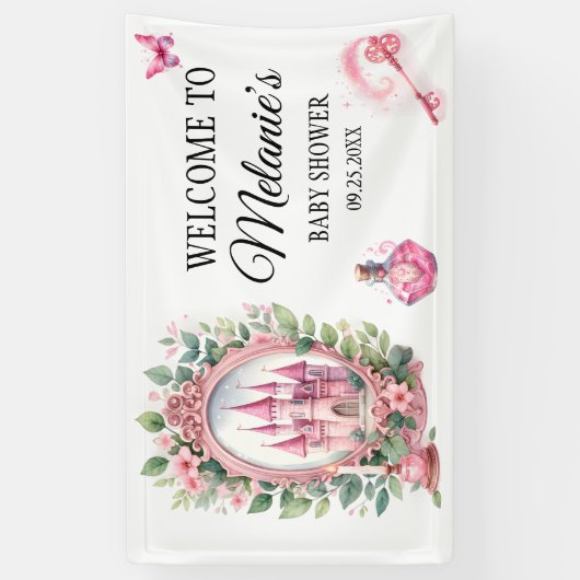 Watercolor Roze Kasteel Bloemenkrans Toverstaf Spandoek (Verticaal)