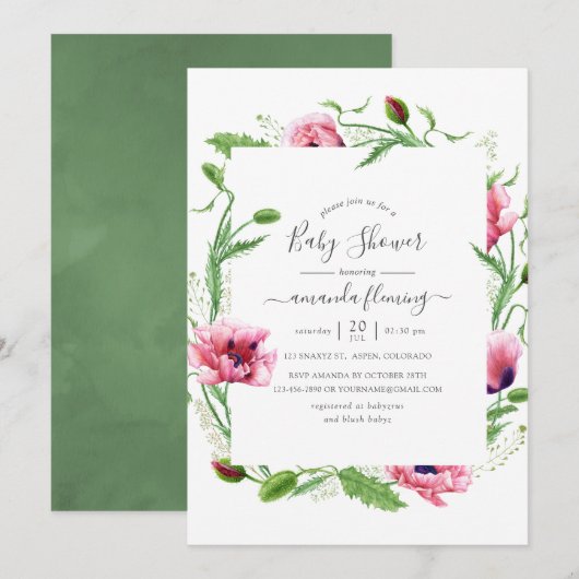 Watercolor Roze Klaprozen Baby Shower Kaart (Voorkant / Achterkant)
