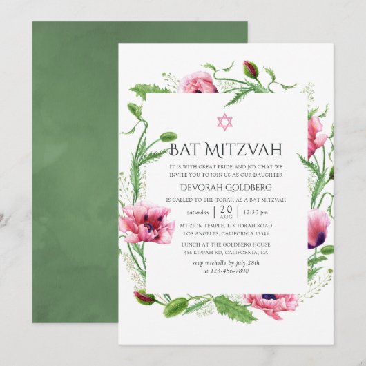 Watercolor Roze Klaprozen Bat Mitzvah Kaart (Voorkant / Achterkant)