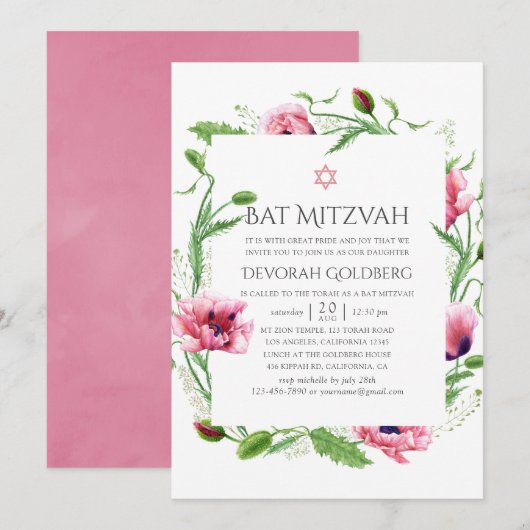 Watercolor Roze Klaprozen Bat Mitzvah Kaart (Voorkant / Achterkant)