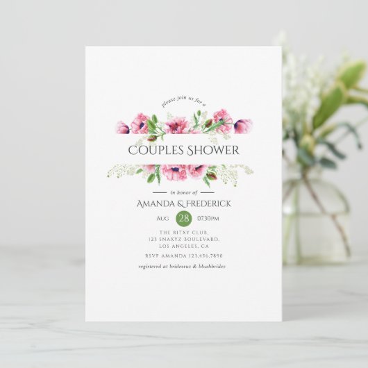 Watercolor Roze Klaprozen Koppel Bruidsa Shower Kaart (Staand voorkant)