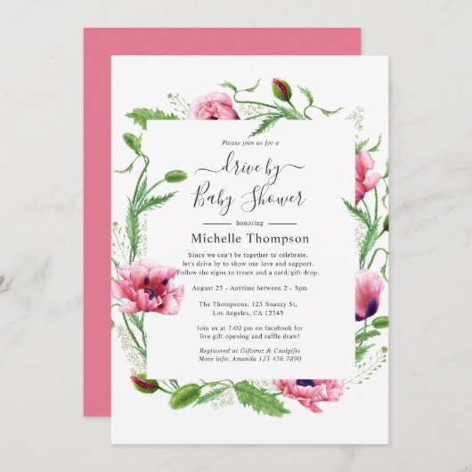 Watercolor Roze Klaprozen Trouwen Kaart (Voorkant / Achterkant)