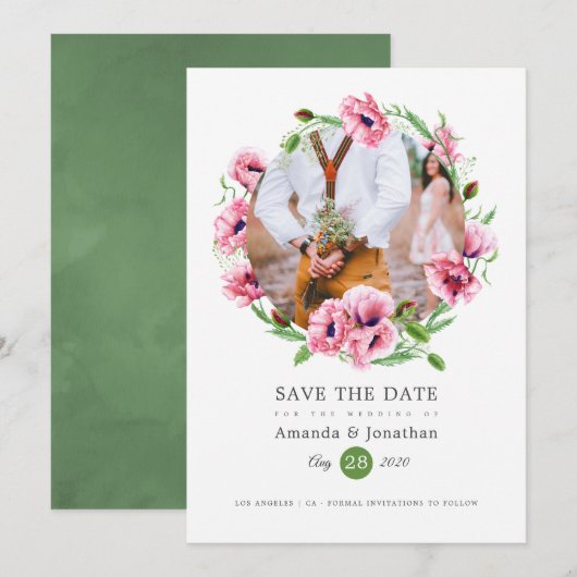 Watercolor Roze Klaprozen Trouwfoto Save The Date (Voorkant / Achterkant)