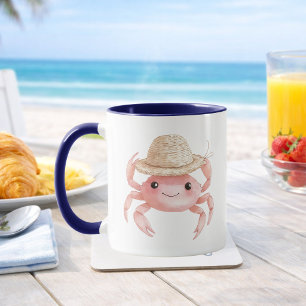 Watercolor Roze Krab Kust Strandhuis Koffie Mok