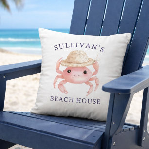 Watercolor Roze Krab Kust Strandhuis Zomer Buitenkussen