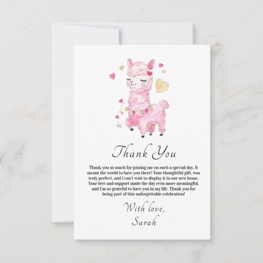  Watercolor Roze Lama Bruiloft Feest Bedankkaart (Voorkant)