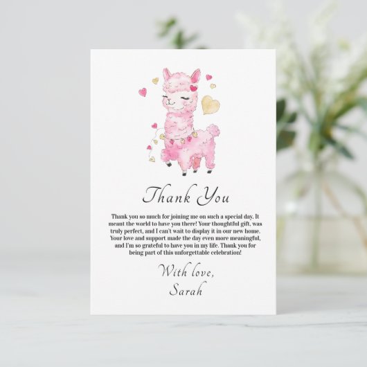 Watercolor Roze Lama Bruiloft Feest Bedankkaart (Staand voorkant)