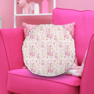  Watercolor Roze Lama XOXO Rond Kussen