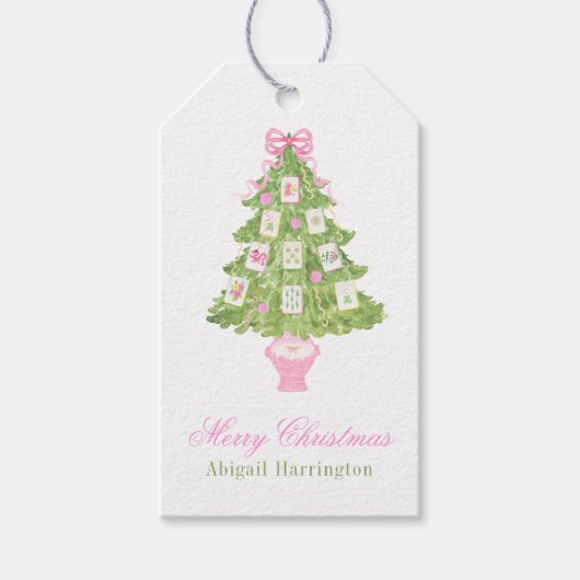 Watercolor Roze Mahjong Kerstboom Cadeaulabel (Voorkant)