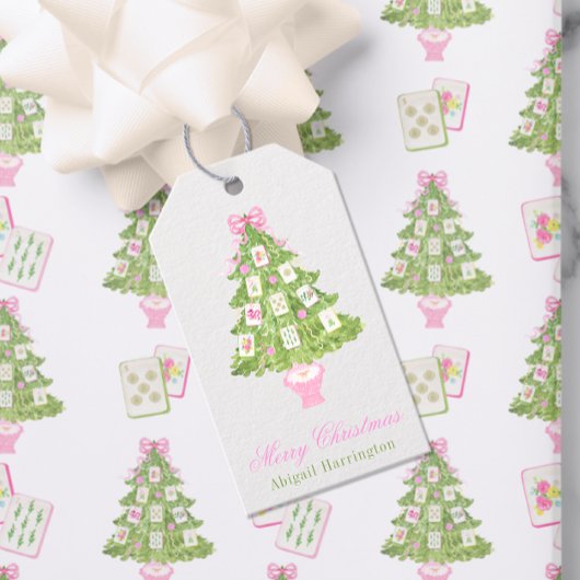 Watercolor Roze Mahjong Kerstboom Cadeaulabel