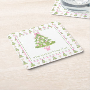 Watercolor Roze Mahjong Kerstboom Feestje Kartonnen Onderzetters