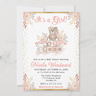 Watercolor Roze Meisje Speelgoed Baby Shower Kaart