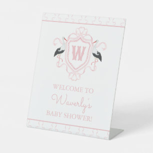 Watercolor Roze Ooievaar Boog Monogram Wapen Reclamebord Met Voetstuk