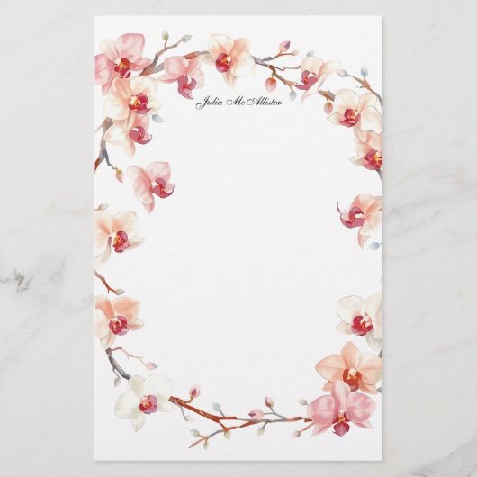 Watercolor Roze Orchidee Bloesem Krans Briefpapier (Voorkant)