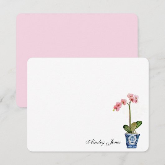 Watercolor Roze Orchidee in blauwe pot Bedankkaart (Voorkant / Achterkant)