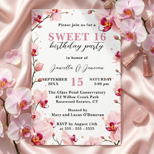Watercolor Roze Orchidee Sweet 16 Verjaardagsfeest Kaart